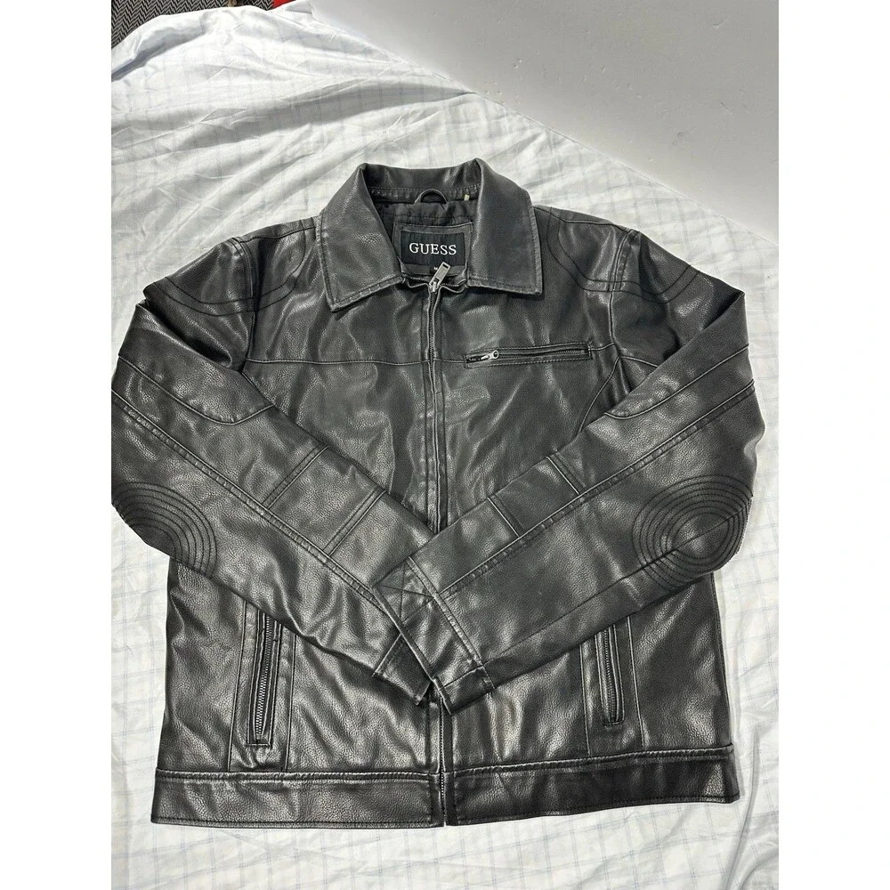 GUESS Men's Faux Leather Moto Biker Jacket Black Size Medium M Quilted Lining